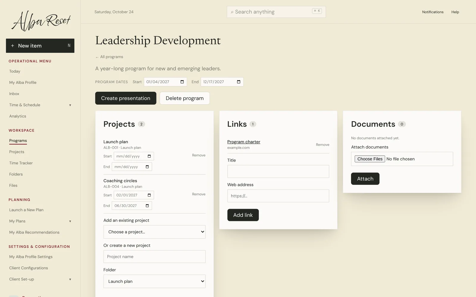 A program in Alba Pro with its dates, projects, links and documents