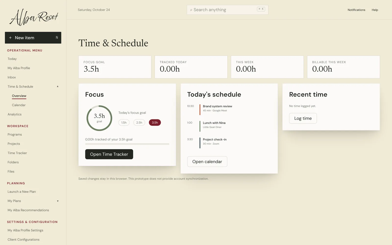 Alba Pro Time and Schedule page with focus goal, today's schedule and recent time